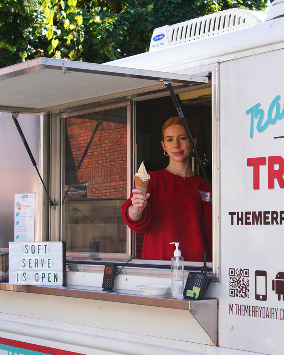 Merry Dairy Peach Soft Serve Ice Cream handed out from Ice Cream Truck