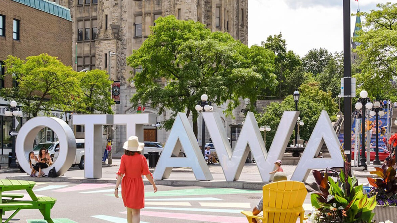 Low angle shot looking up at the Ottawa
                    sign, traffic & people passing by.