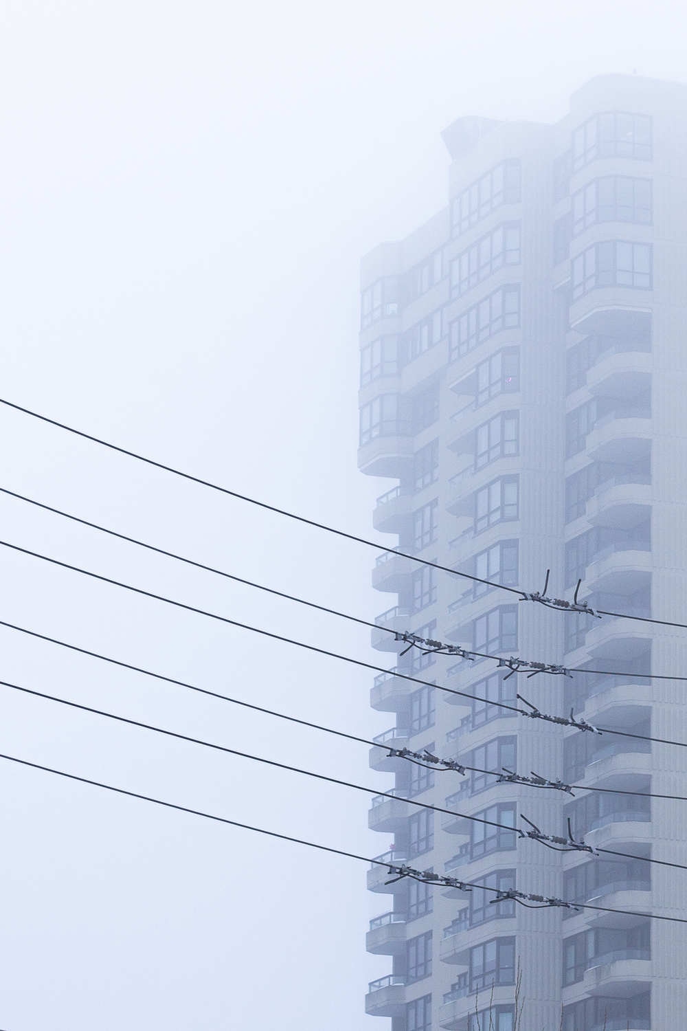 Misty day, tops of buildings intersecting with power lines